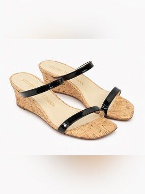 Stuart Weitzman Aleena 50 Sandal Wedge Slide Black Patent Leather Cork - Size 7B